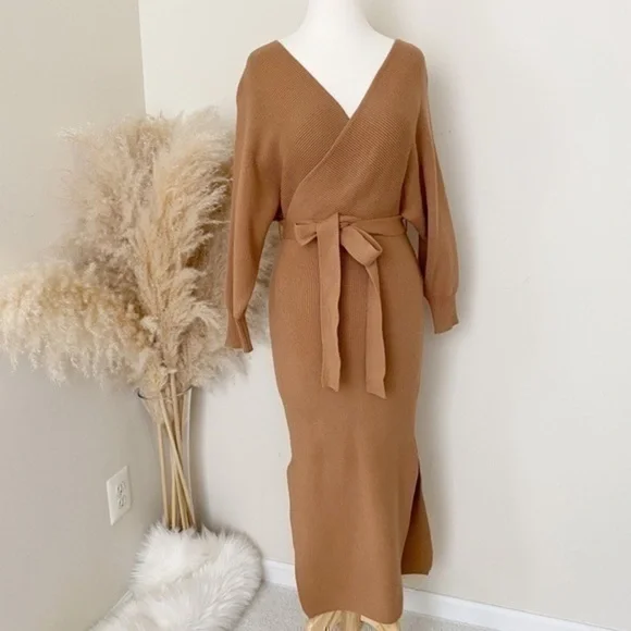 Cozy tan knit sweater midi dress with belt - Picture 12 of 13